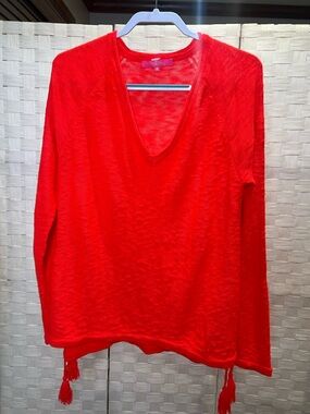 Lilly Pulitzer Jody V-neck Tassel Sweater Spicy Coral Neon Pink Orange Size XL